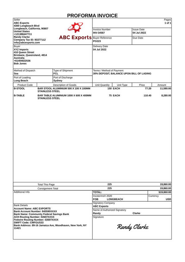 A proforma invoice template