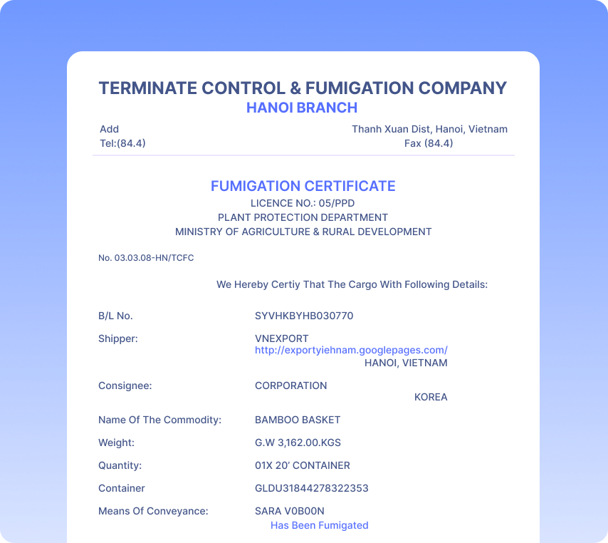 Fumigation Certificates