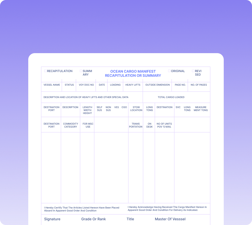 Ocean Cargo Manifest Recapitulations