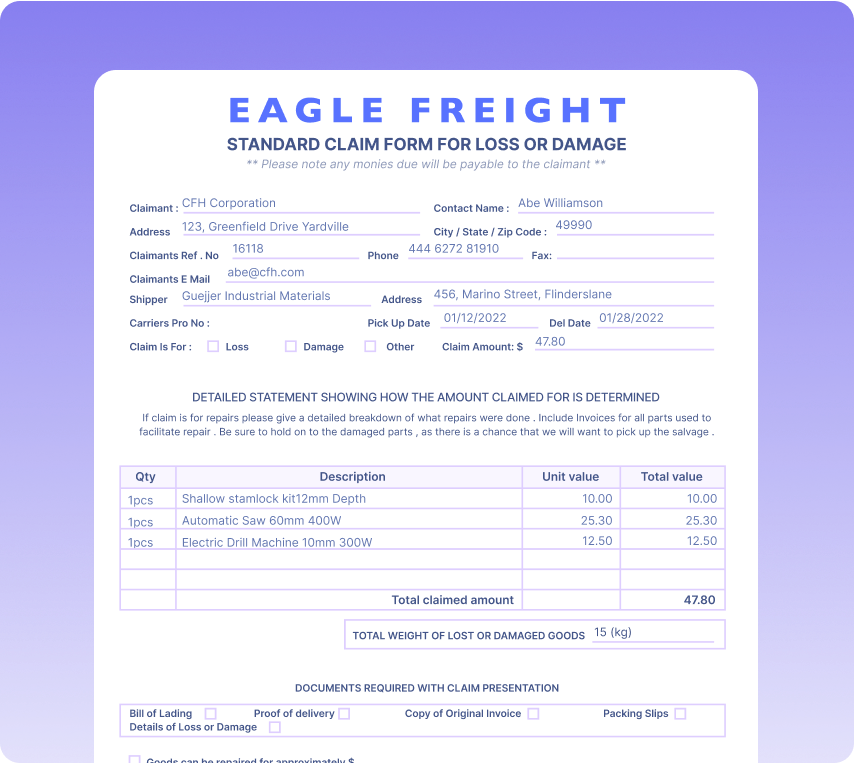 Standard Claim Forms for Loss or Damage