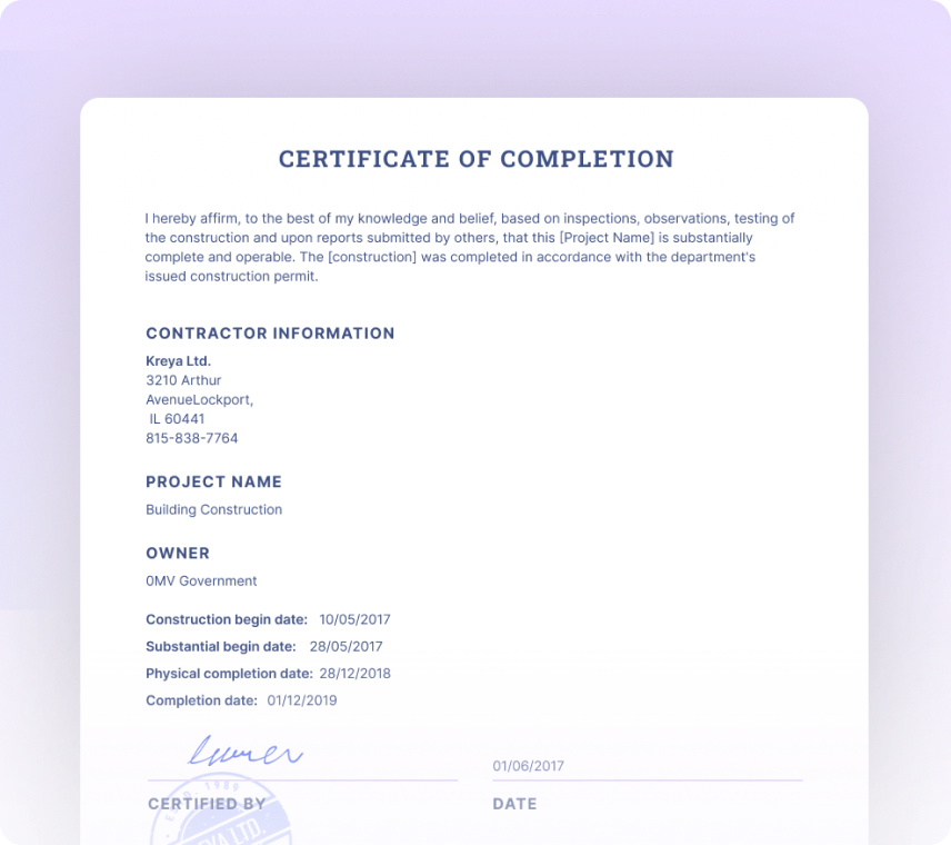 Construction Completion Certificates