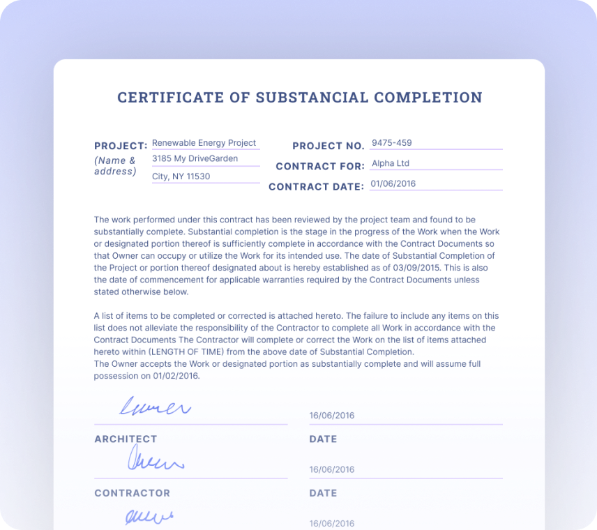 Certificates of Substantial Completion