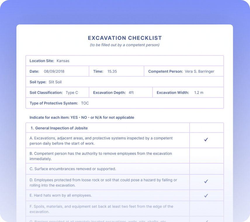 Excavation Checklists