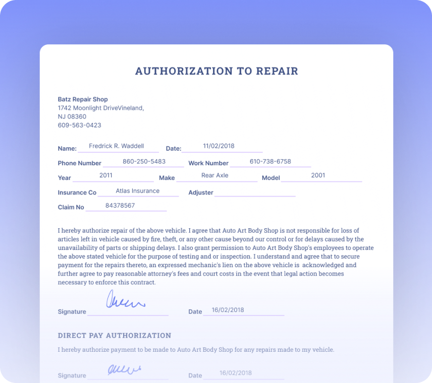 Authorizations To Repair Form