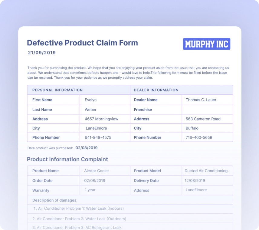 Defective Product Claim Forms