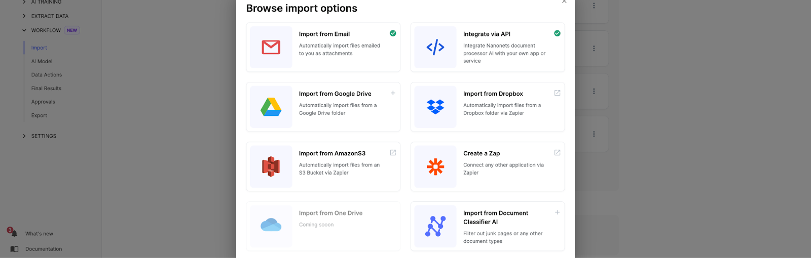 Import options on Nanonets